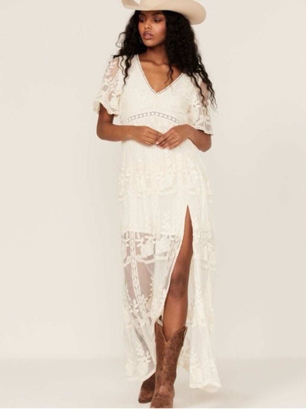 Shyanne Ivory Lace Maxi Dress with Side Slit